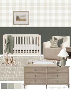 a baby's room is shown with neutrals and greens in the colors gray