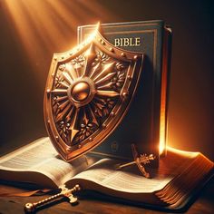 an open bible with a golden shield on it and a key laying next to it