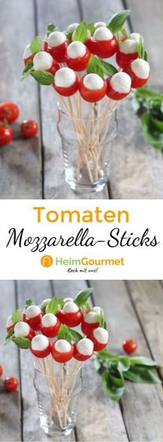 tomato and mozzarella sticks in a glass vase