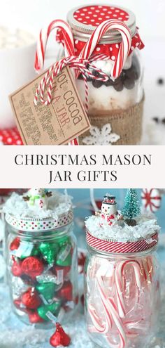 christmas mason jar gifts with candy canes and pepperminks in them on a table