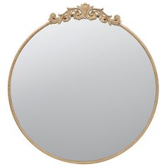 a round mirror with an ornate design on the top and bottom edge, is shown in gold