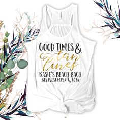 "These fun and customizable bachelorette party flowy tank top shirts complete with real shimmer metallic accents and bling will make for fun pictures and a memorable shirt. SIZES: XS, S, M, L, XL, XXL(additional $3) ORDERING: Please leave me the following in the \"notes to seller\" section when checking out: ► Sizes ► Tank Color / Vinyl Color (wording not in gold) ► Party Information Proof is included on purchase of more than one shirt!  Ordering for a group? Send us a convo for special pricing Gold Tops For Summer Beach, Good Times And Tan Lines, Fun Pictures, Gold Party, Flowy Tank Tops, Making Shirts, Flowy Tank, Gold Accent, Tan Lines