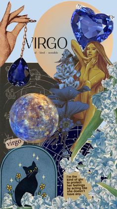 an artistic collage with blue and white flowers, crystals, and a black cat