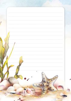 a notepad with seashells and starfish on the bottom, surrounded by seaweed