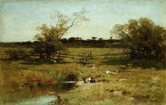 an oil painting of a field with trees and water in the foreground, near a wooden fence