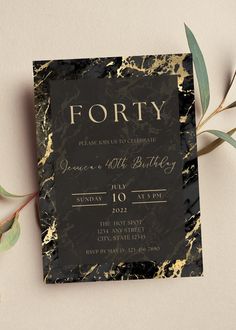 a black and gold marbled birthday party card with the words forty written on it