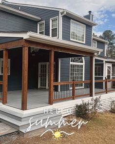 a house with blue siding and white trim