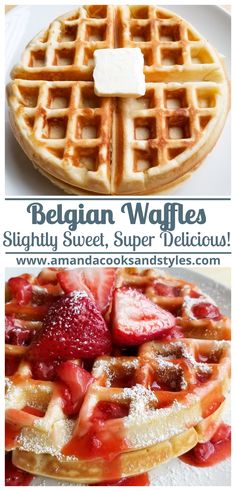 waffles with strawberries and powdered sugar on top are shown in this collage