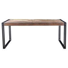 a wooden table with metal legs on a white background