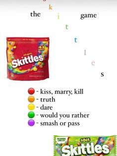 a poster with words and pictures for skittles