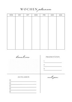 the printable worksheet for wochen planner is shown in black and white