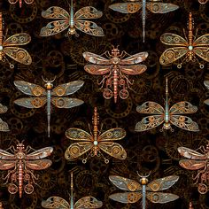 a pattern with dragonflies and gears on a black background