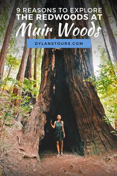 a woman standing in front of a tree with the words 9 reasons to explore the redwoods at muir woods