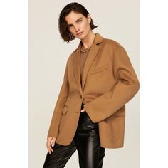 Brown wool blend (90% Wool, 10% Cashmere). Blazer. Long sleeves. Collar. Front button closure. 30" from shoulder to hemline. Imported. Camel Blazer, Cashmere Blazer, Rent The Runway, Closet Designs, Anine Bing, Wool Blend, Cashmere, Long Sleeves, Blazer