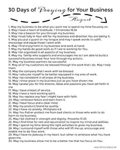 a poem with the words 30 days of prayer for your business in black and white