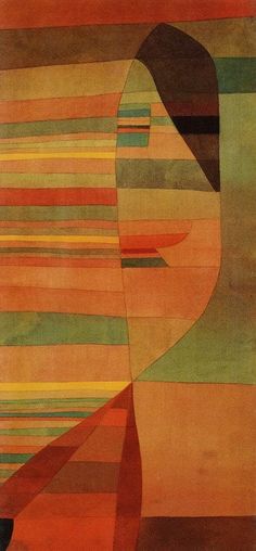 an abstract painting with lines and shapes in orange, red, green, yellow and brown