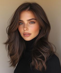 Smoky Ash Brown Deep Amber Hair Color, Perfect Hair Color For Brown Eyes, Brown Hair Esthetics, Medium Brown Hair Solid Color, Brunette Hair Color Inspiration, Hair For Dark Eyebrows, Hazel Brown Eyes Hair Color, Iced Brown Hair, Dark Brown With Light Highlights