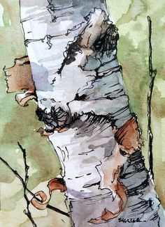 a watercolor painting of a tree trunk