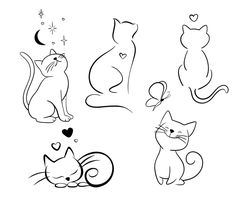 four cats with hearts and stars in the sky, one cat is sitting on the ground