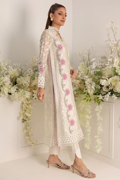 Pakistani Pants, Net Shirt, Applique Work, Designer Outfit, Pakistani Style, Embroidered Sleeves, Kurta Designs Women, Embroidered Border, Pants Fabric