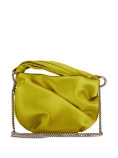 Bonny satin clutch bag from JIMMY CHOO featuring citron yellow, satin finish, gold-tone hardware, twist detailing, magnetic fastening and detachable chain-link shoulder strap. Satin Tote Bag, Satin Clutch, Yellow Satin, Green Bag, Satin Finish, Jimmy Choo, Chain Link, Bag Making, Clutch Bag