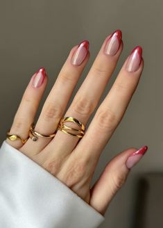 Red Tip Nails With Chrome, Red Chrome Manicure, Cherry Chrome French Tip Nails, Red French Nails With Chrome, Red French Tip Cherry Nails, French Tip Red Chrome, Red French With Chrome, Red Chrome French Nails, Red French Tip Nails With Chrome