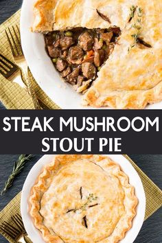 steak and mushroom pot pie on a white plate with a slice missing from the pie