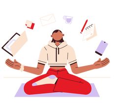 a woman is sitting in the middle of a yoga pose with her hands up and various objects around her