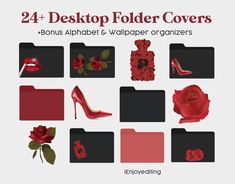 the 24 desktop folder covers are designed to look like red roses and high heeled shoes