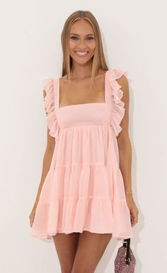 Chiffon Baby Doll Ruffle Dress in Pink | LUCY IN THE SKY Cotillion Dresses, Cute Formal Dresses, Recruitment Outfits, Cute Homecoming Dresses, Preppy Dresses, Lucy In The Sky, Cute Preppy Outfits, Grad Dresses, Hoco Dresses