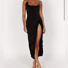 Tag Says Midi Dress But Fits Like A Maxi Stretch Material Casual Ruched Maxi Dress For Party, Black Fitted Ruched Maxi Dress, Black Summer Club Midi Dress, Black Dinner Dress For Summer, Black Maxi Bodycon Dress For Cocktail, Flirty Black Sleeveless Maxi Dress, Black Maxi Length Bodycon Cocktail Dress, Casual Ruched Maxi Dress For Night Out, Black Midi Dress For Summer Dinner