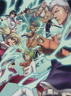 an anime poster with many characters in the background