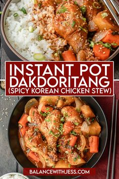 instant pot dakdortang spicy korean chicken stew in a bowl with rice and chopsticks