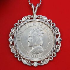 You are looking at a gorgeous solid 925 sterling silver necklace, set with an authentic 1932 ~ 1937 Honduras .900 Silver Un Lempira Coin -  Chief. The coin is in good condition with nice detail, about the size of an US half dollar, and set with backside 4-prong. Please pick a year from pull-down menu. The pendant is made of solid 925 sterling silver, sized about 50mm(2") x 41mm(1.61"). It comes with a 24" solid 925 sterling silver chain, and also a gift box. I hope you end up with one of these beautiful coin necklaces. This necklace will be great for gift, investment purpose or just adding to your coin/jewelry collection.  All copyrights reserved. Let me know if you have any question. Both chain and pendant are marked 925 sterling silver. Thanks! Silver Necklace Set, Silver Eagles, Agate Jewelry, Half Dollar, Coin Jewelry, 925 Sterling Silver Chain, Coin Necklace, Heart Jewelry, Sterling Silver Necklace