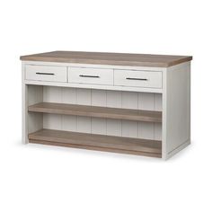 a white and wood shelf with two drawers