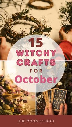 Witchy crafts to make at home over the fall season. Make your own magickal tools, or make witchy crafts to sell in October. Discover these 15 DIY projects for wiccans, and pagan seasonal celebration ideas: Herbal sachets Crystal grid besom broom Candles Tarot deck holder Nature altar Witches journal Dried flower wreath Moon water Runestone set Scrying mirror Nature mandala Incense blend Magickal oil Protection poppet Make witchy art, witchy home décor and witchy crafts for kids. Autumn fun, autu Garden Witch Home Decor, Crafty Projects For Adults, Witch Yule Decorations, Diy Winter Solstice Decorations, Witchy Christmas Gift Ideas, Craft Night For Women, Decorating For Yule, Witch Christmas Decor, Pagan Holiday Decorations