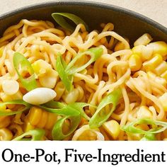 a bowl filled with noodles and vegetables on top of a table next to the words one pot, five ingredient