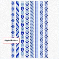 the pattern is shown in blue and white, with an arrow on it's side