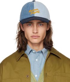 Maison Kitsuné: Blue Denim 6P Cap | SSENSE Denim Cap, Blue Logo, Contrast Stitch, Logo Embroidered, Cotton Poplin, Stretch Denim, Blue Denim, Stitching, Blue