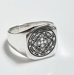 This ring amulet love king Solomon has the power of the fourth pentacle of Venus. The amulet is able to attract people and give them love. Another feature of the talisman is to maintain and strengthen the feelings between people, even during a long separation. With the amulet, the Seal of love will definitely develop even the most complicated family relationships. Ring crafted from 925 Silver Spiritual Sterling Silver Signet Ring Stamped 925, Mystical Engraved Silver Rings, Attract People, King Solomon, Lucky Charms, Ring Crafts, Amulets, Family Relationships, Love Ring