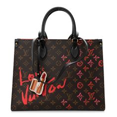 This is an authentic LOUIS VUITTON Monogram Fall In Love Onthego MM. This bag is crafted of oversized Louis Vuitton monogram coated canvas with black leather side panels and trim. It features a Louis Vuitton logo and monograms in red and pink, with a heart and LV logo on the reverse. The bag has rolled leather top handles, long strap handles, and gold hardware. The top opens to a red fabric interior with zipper and patch pockets. Onthego Mm, Louis Vuitton Logo, Louis Vuitton Monogram Bag, Lv Logo, Félicie Pochette, Louis Vuitton Empreinte, Heart Chain, Louis Vuitton Shoulder Bag, Monogram Bag