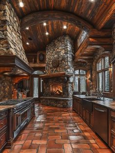 a large kitchen with stone and wood accents