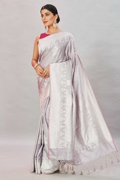 Shop beautiful grey Katan Banarasi sari online in USA with silver zari border. Look your best on festive occasions in latest designer saris, pure silk sarees, Kanjivaram silk sarees, handwoven saris, tussar silk sarees, embroidered saris from Pure Elegance Indian clothing store in USA.-full view Traditional Gray Saree For Diwali, Traditional Gray Saree With Pallu, Diwali Gray Saree With Pallu, Traditional Gray Saree, Silver Banarasi Silk Traditional Wear With Self Design, Silver Wedding Traditional Handloom Wear, Semi-stitched Silver Traditional Wear With Zari Weaving, Silver Bollywood Banarasi Silk Traditional Wear, Bollywood Style Silver Banarasi Silk Traditional Wear