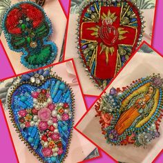 four different pictures of heart shaped brooches with beads and bead work on them