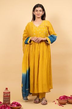 Mustard anarkali featuring floral, sequin hand embroidery on the yoke with ombre sleeves. Paired with a solid pant, an ombre dupatta and a slip. - Aza Fashions Designer Wear Embroidered Anarkali Set For Eid, Designer Anarkali Set With Embroidered Sleeves For Eid, Eid Anarkali Set With Embroidered Sleeves For Designer Wear, Bollywood Style Anarkali Set With Embroidered Sleeves, Anarkali Salwar Kameez With Embroidered Sleeves For Festivals, Festive Anarkali Salwar Kameez With Embroidered Sleeves, Designer Anarkali Kurta With Embroidered Sleeves, Eid Anarkali Set With Embroidered Sleeves, Designer Wear Dresses With Embroidered Sleeves For Diwali