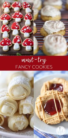 many different types of cookies and pastries on a plate with the words must try fancy cookies