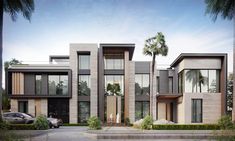 two story house with palm trees in front