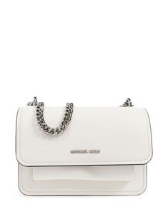 white leather rectangle shape front flap rounded corners metallic chain detail internal slip pocket single card slot adjustable shoulder strap logo patch to the front Rectangular Leather Shoulder Bag With Silver-tone Logo, White Shoulder Bag With Metal Logo For Evening, White Evening Bag With Metal Logo, Leather Wallet On Chain With Branded Hardware, White Formal Flap Bag With Chain Strap, Formal White Flap Bag With Chain Strap, Classic White Shoulder Bag With Metal Logo, White Flap Bag With Detachable Strap, White Crossbody Shoulder Bag With Metal Logo