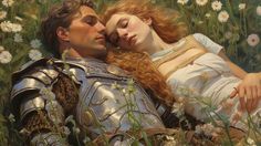 a painting of a man and woman laying in the grass with daisies behind them