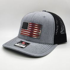 American Flag, Patriot, USA, tricolor, hat patch on a Richardson R112 hat.  Red, black, and stainless colored, laser engraved, acrylic patch.  Our patches our made with premium, made in the USA, materials and adhesive. *gently hand wash/air dry Patriotic Black Snapback Trucker Hat, Black Patriotic Snapback Trucker Hat, Patriotic Black Baseball Cap For Outdoor, Adjustable Black Patriotic Trucker Hat, Laser Engraved Acrylic, Hat Patch, Engraved Acrylic, Colored Acrylic, Hat Patches